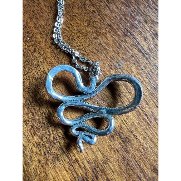 Serpent snake pendant silver tone necklace gothic witchy reptile jewelry - Picture 5 of 7